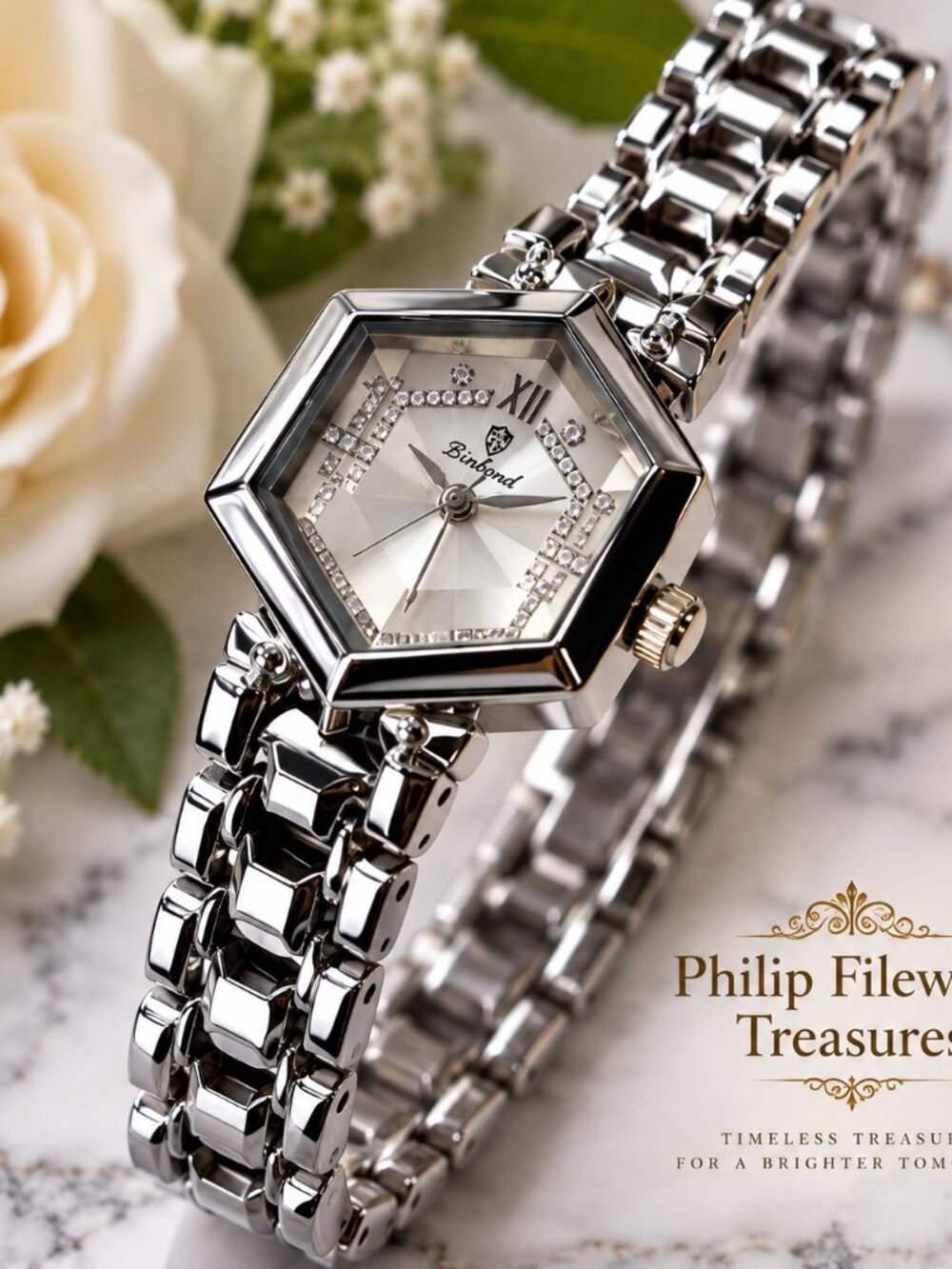 WA-32--BINBOND Women's Silver White Rhombus Quartz Watch – Elegant Geometric Bra